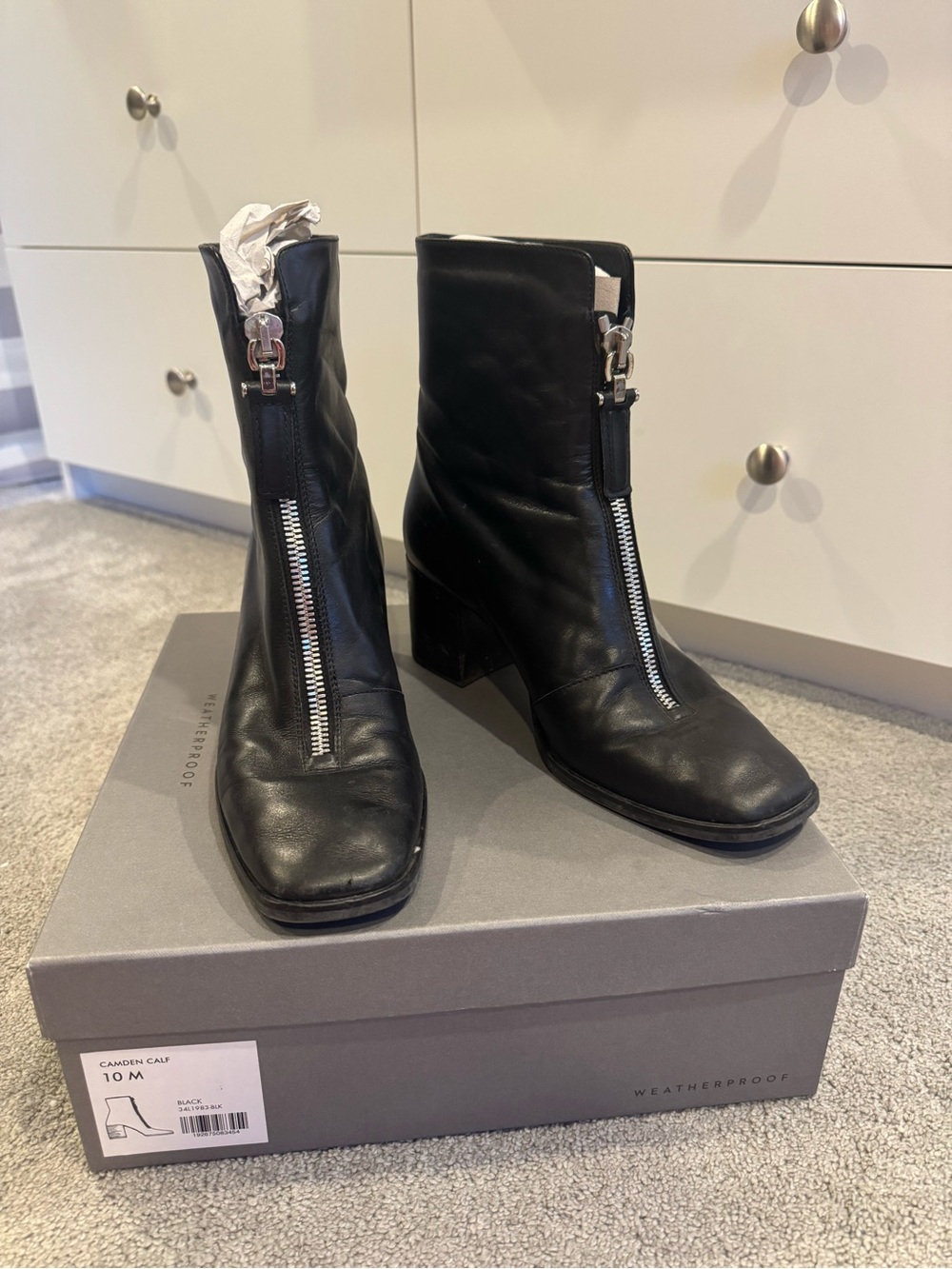 Aquatalia Waterproof Black Leather Front-Zip Block Heel Ankle Boots